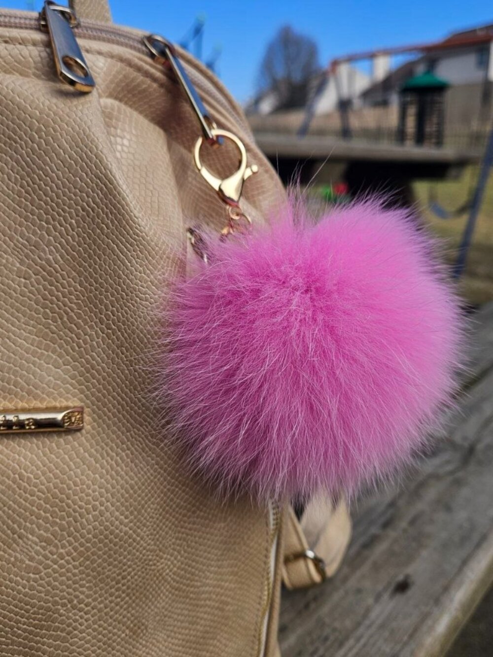 Pink Real Fox Fur Pompom Bag Charm, Luxury Keychain, Girl's Backpack accessory